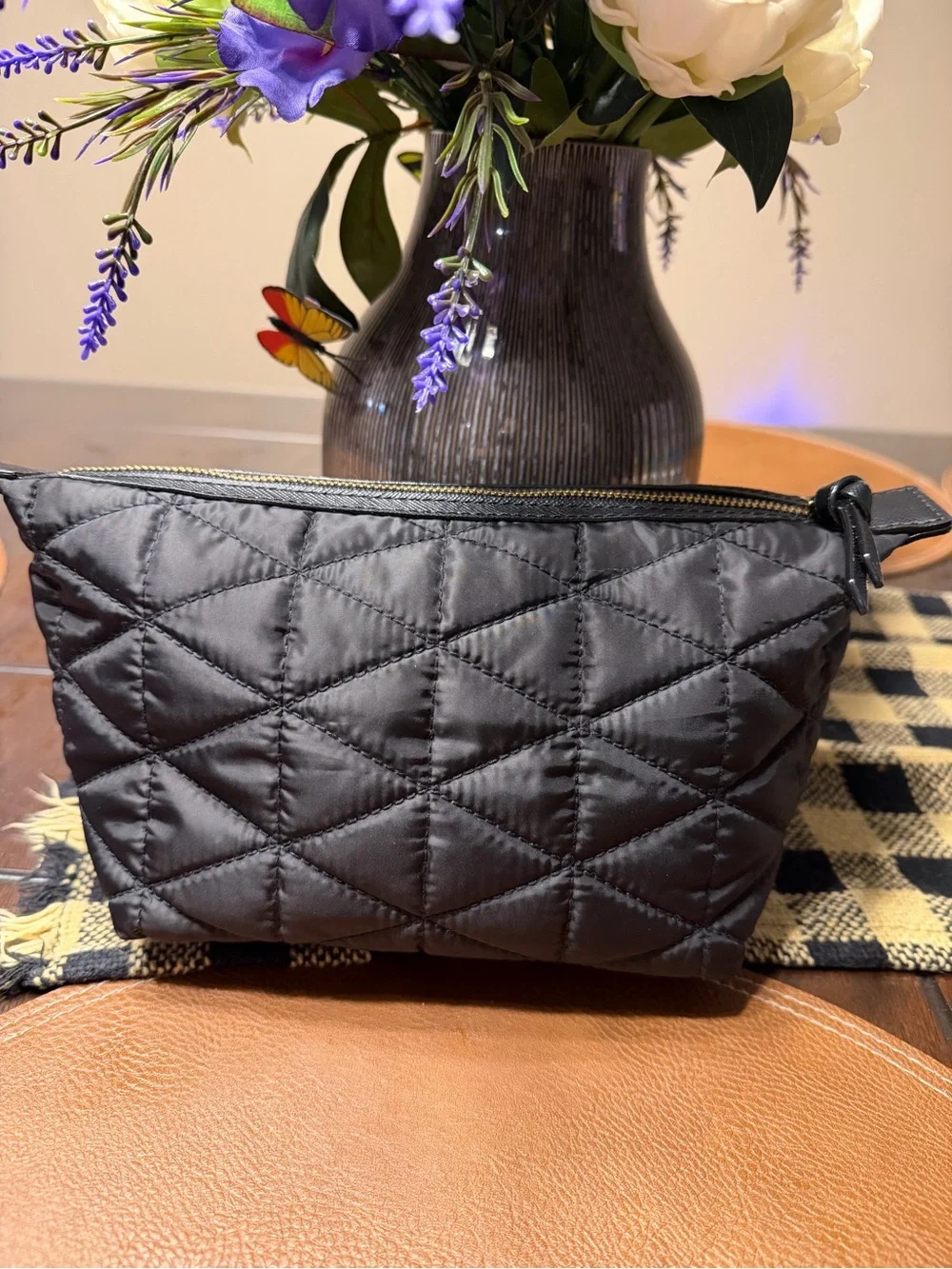 Kate Spade Quilted Black Cosmetic Pouch - Compact Travel Makeup Bag
